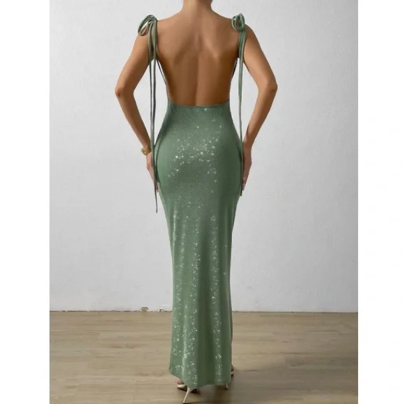 Luxe knot shoulder backless bodycon formal party evening dress - Picture 2 of 7
